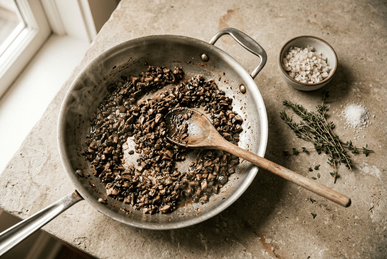 Finely chopped mushroom duxelles cooking down dark and glossy in a skillet with a wooden spoon