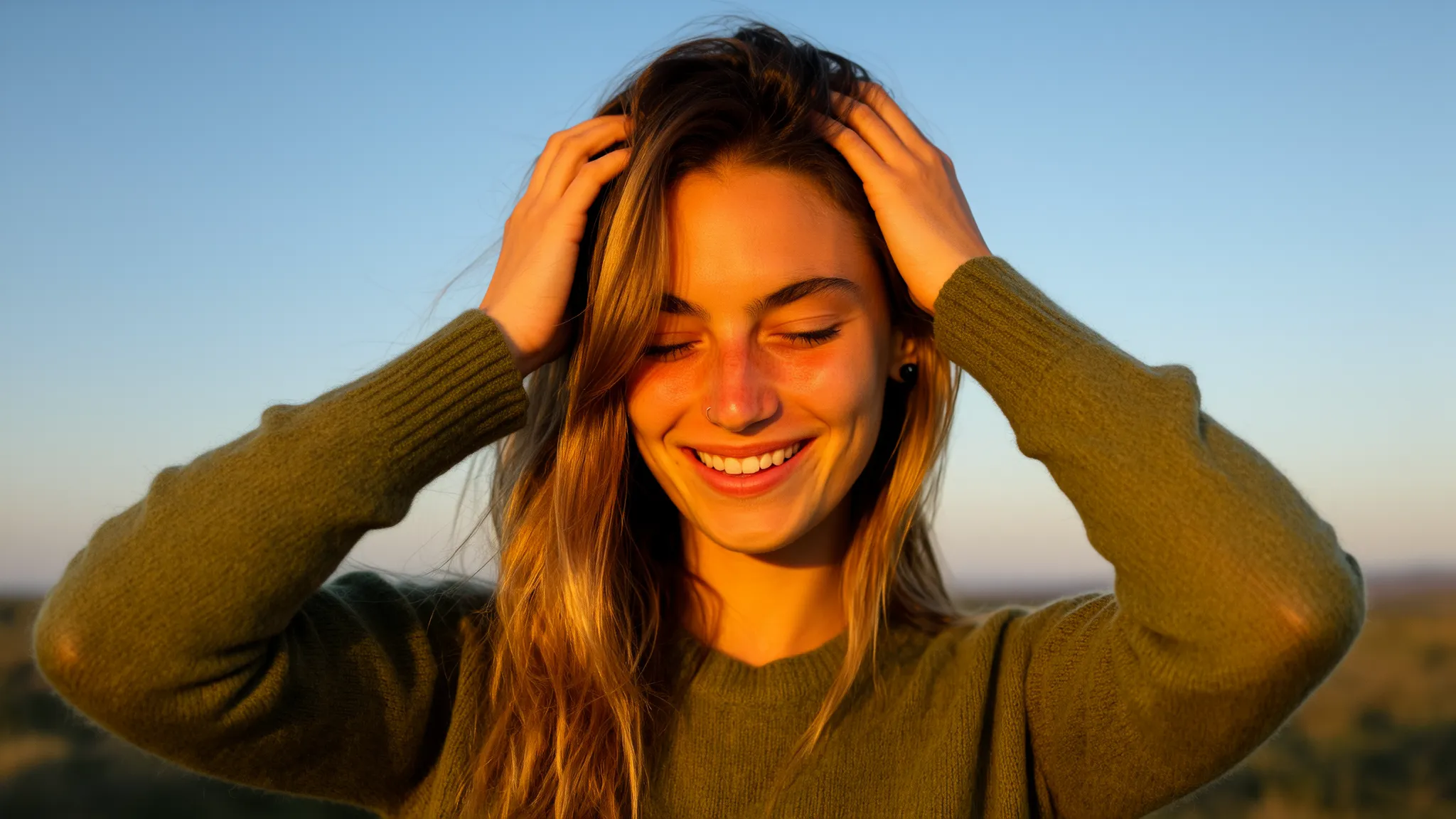 Weibliches KI-Model lächelt entspannt im warmen Sonnenlicht – hochwertiger AI-Lifestyle-Content für Social-Media-Posts, Mood-Kampagnen und moderne Markenkommunikation.