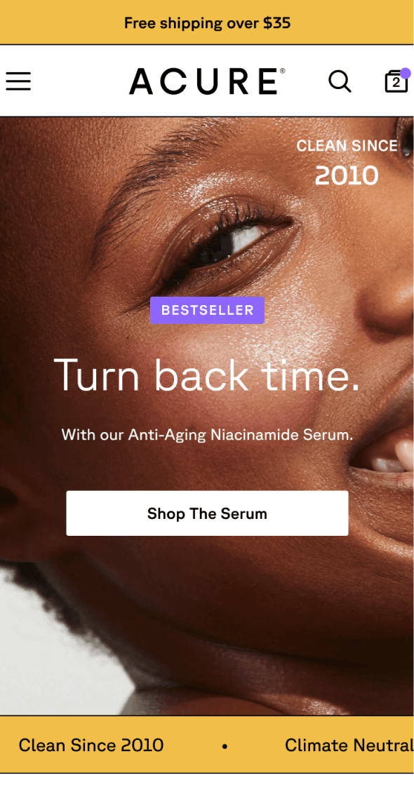 Mobile homepage hero with promotional banner and primary call to action