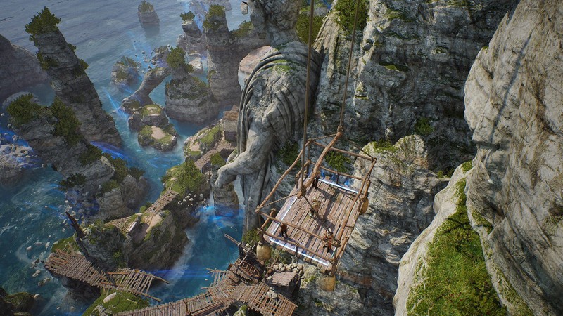 Exploration d’un environnement fantasy spectaculaire dans Solasta II avec falaises, ponts et structures anciennes