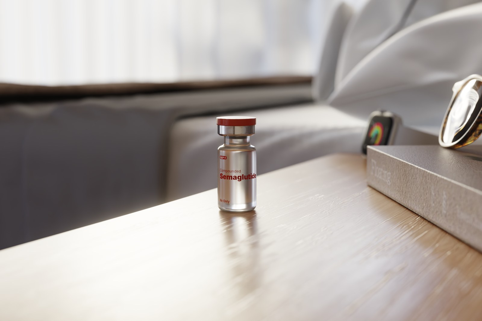 A vial of SeshDx compounded semaglutide on a bedside table in morning light.