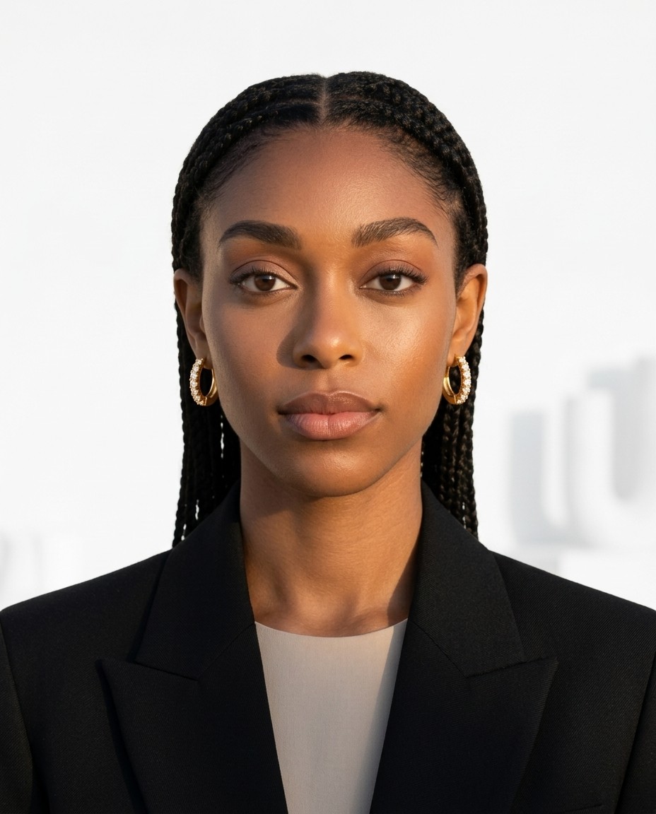 Zaya Amuné AI model wearing gold hoop earrings, architectural exterior editorial, tailored black blazer, Gemzy AI jewelry studio