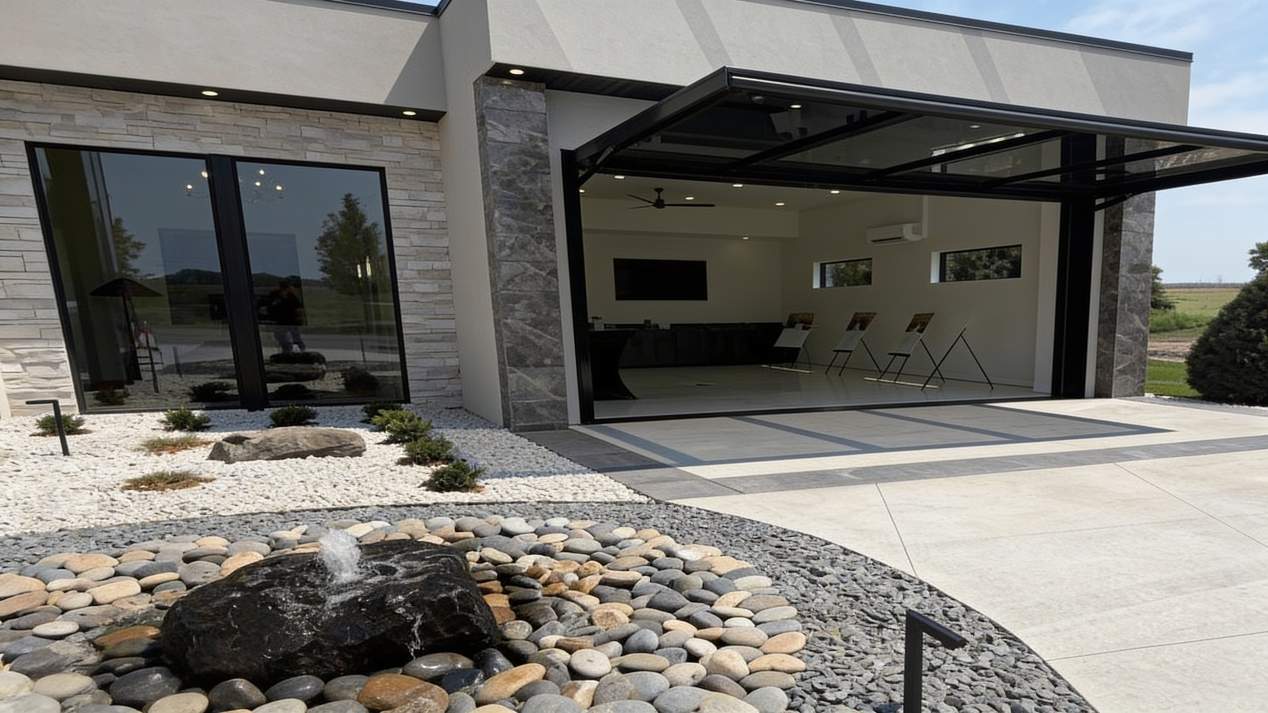 Concealed cylinder hydraulic door open over a patio with a fire feature