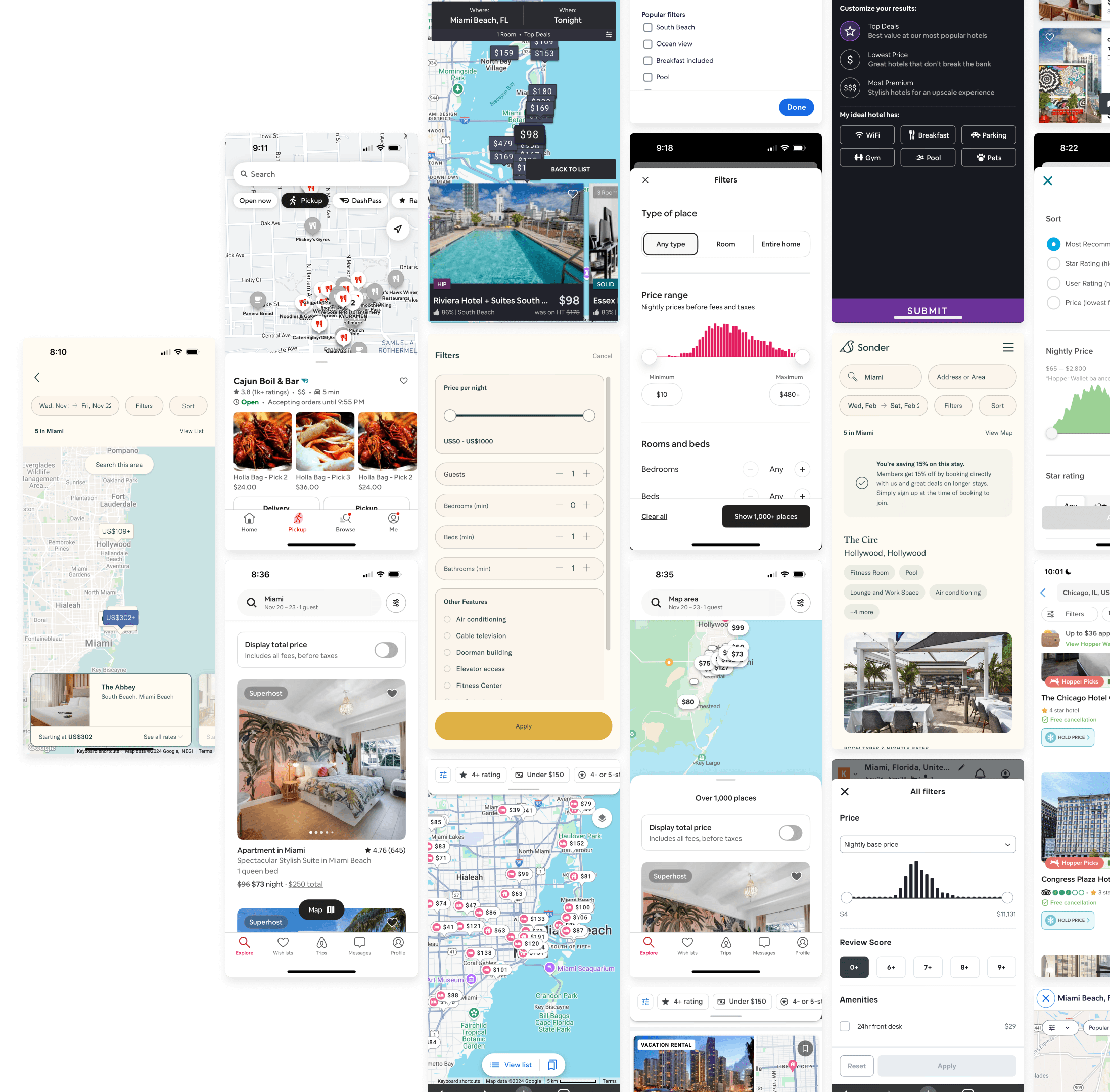 Various compiled screenshots of how other competitors solve for sort, map and filtering on mobile devices.