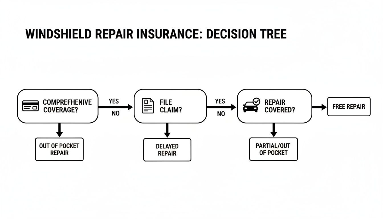 A decision tree flowchart illustrating the process of windshield repair insurance coverage.