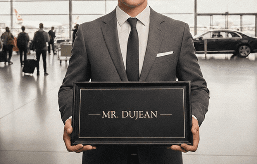 chauffeur qui attend à l'aéroport avec une pancarte