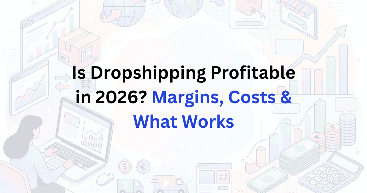 Dropshipping profitability guide illustration with shipping, charts, and money visuals