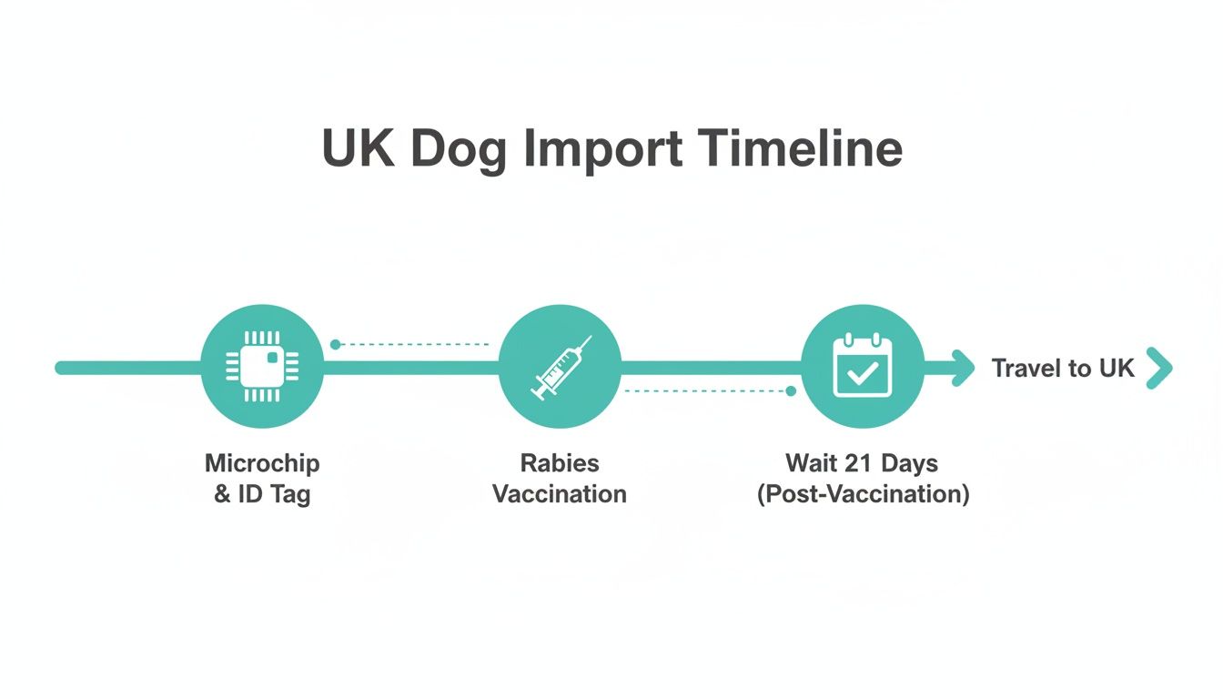 A timeline graphic detailing the steps to import a dog into the UK, including microchipping, rabies vaccination, and a 21-day waiting period.