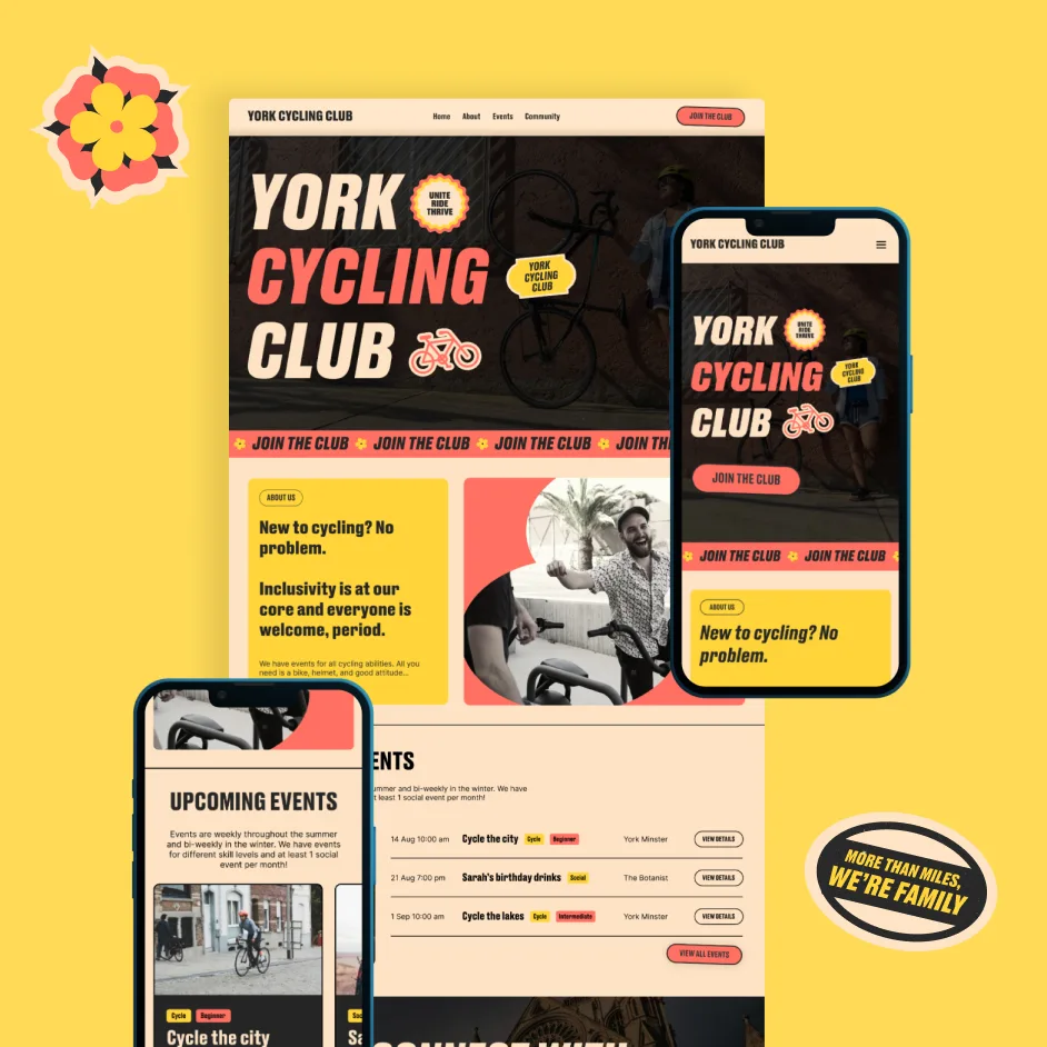 York Cycling club website on a yellow background, featuring happy cyclists and branded stickers