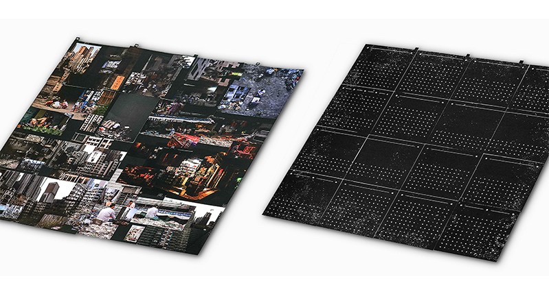 A photo with two pictures, one containing multiple photos and the other some kind of white dots on a black background.