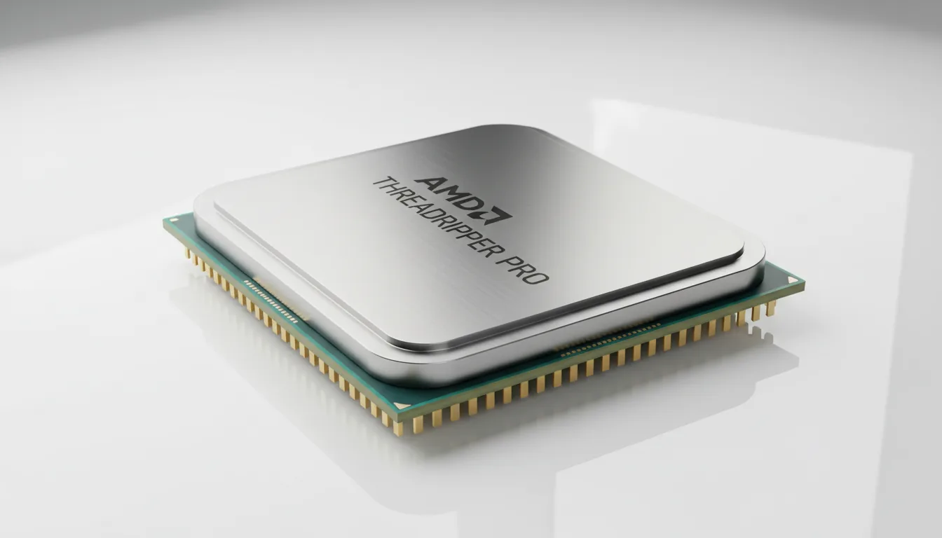 Professional DSLR product shot of an AMD Threadripper Pro CPU, angled view, isolated on a clean white background. Soft studio lighting highlights the intricate brushed metal texture of the heat spreader and the engraved text. Hyper-detailed, sharp focus, e-commerce style.