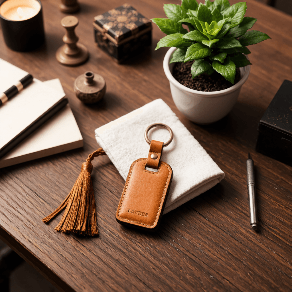 product photography of Leather key cover with a tassel