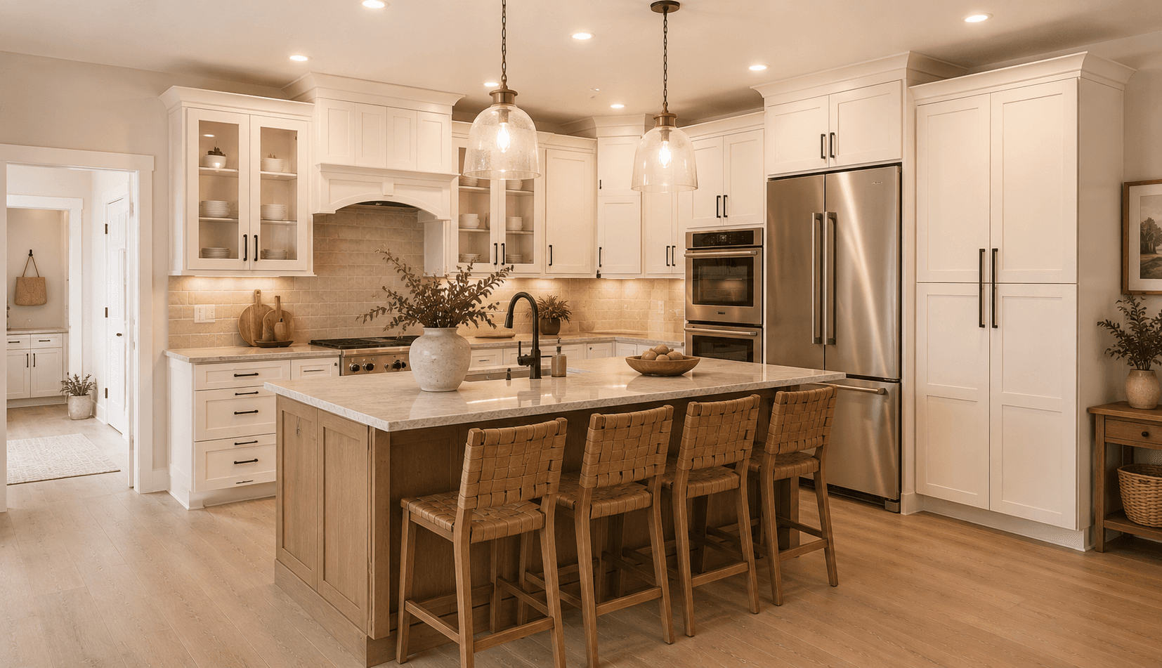 Kitchen with white cabinets, large island, and sleek appliances