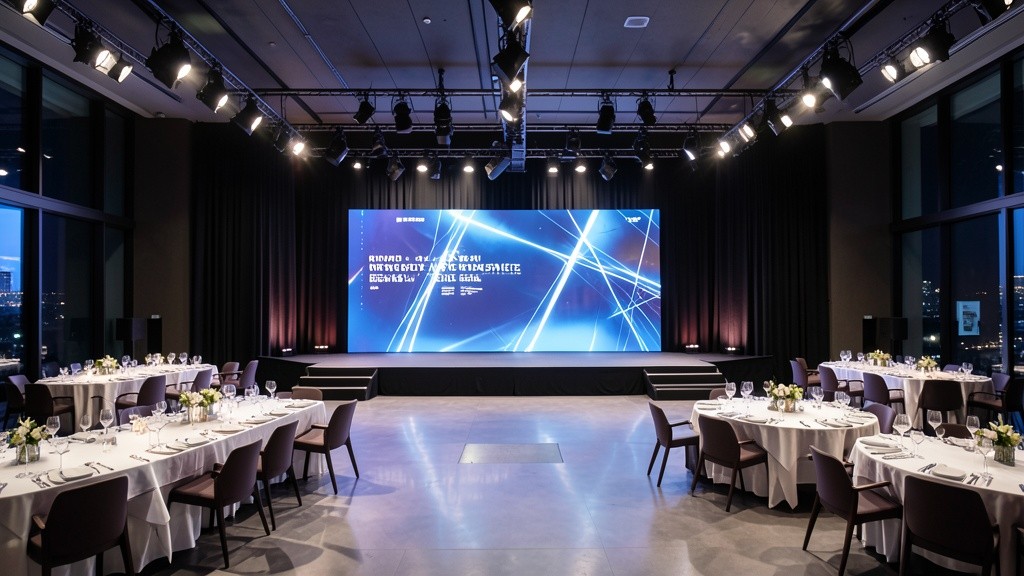 Minimalist black executive stage design with a sleek podium and high-contrast gold architectural lighting for a premium corporate summit by DreamFrame Events.