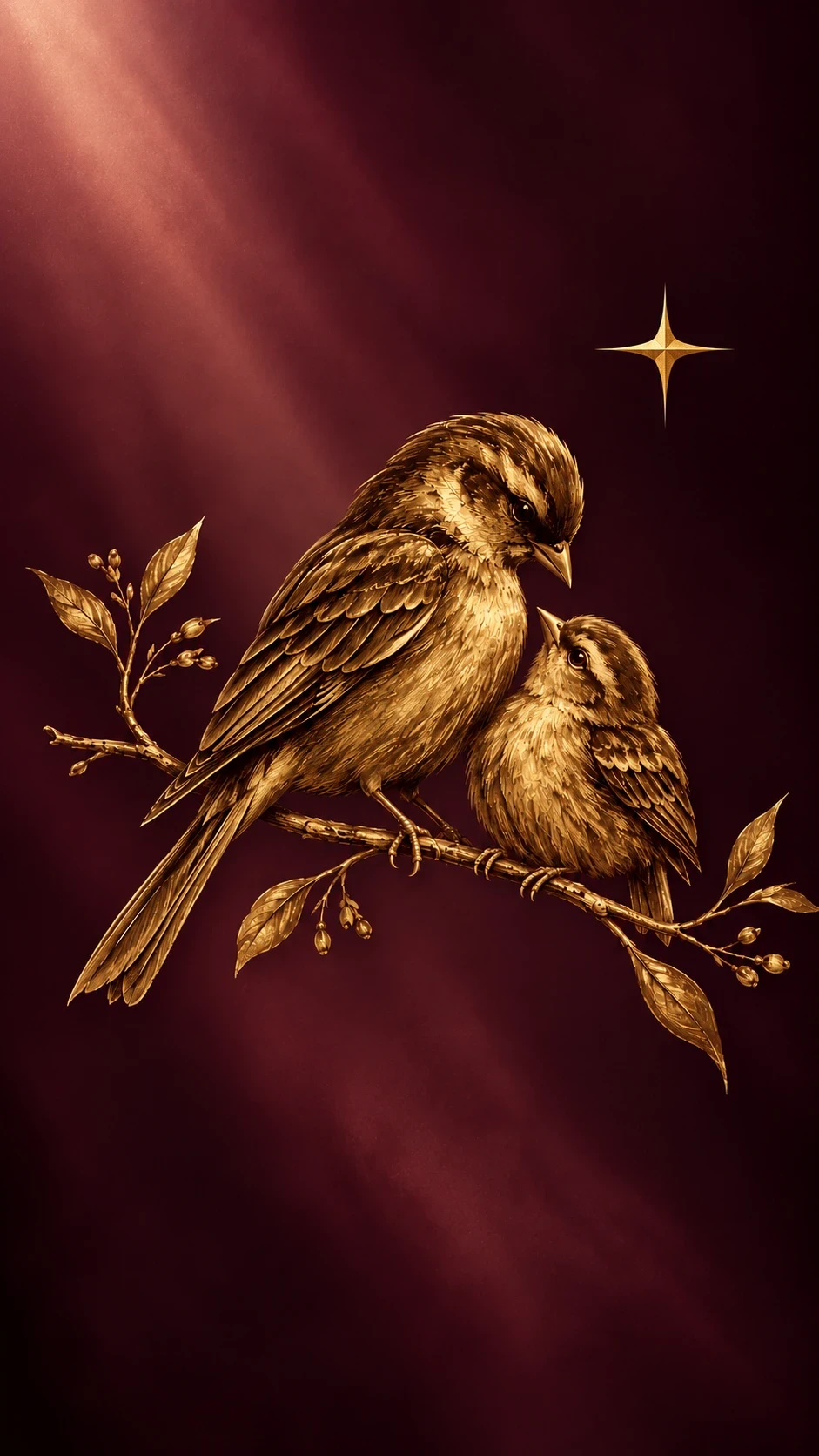 Golden illustration of a mother bird and her chick on a branch beneath a star