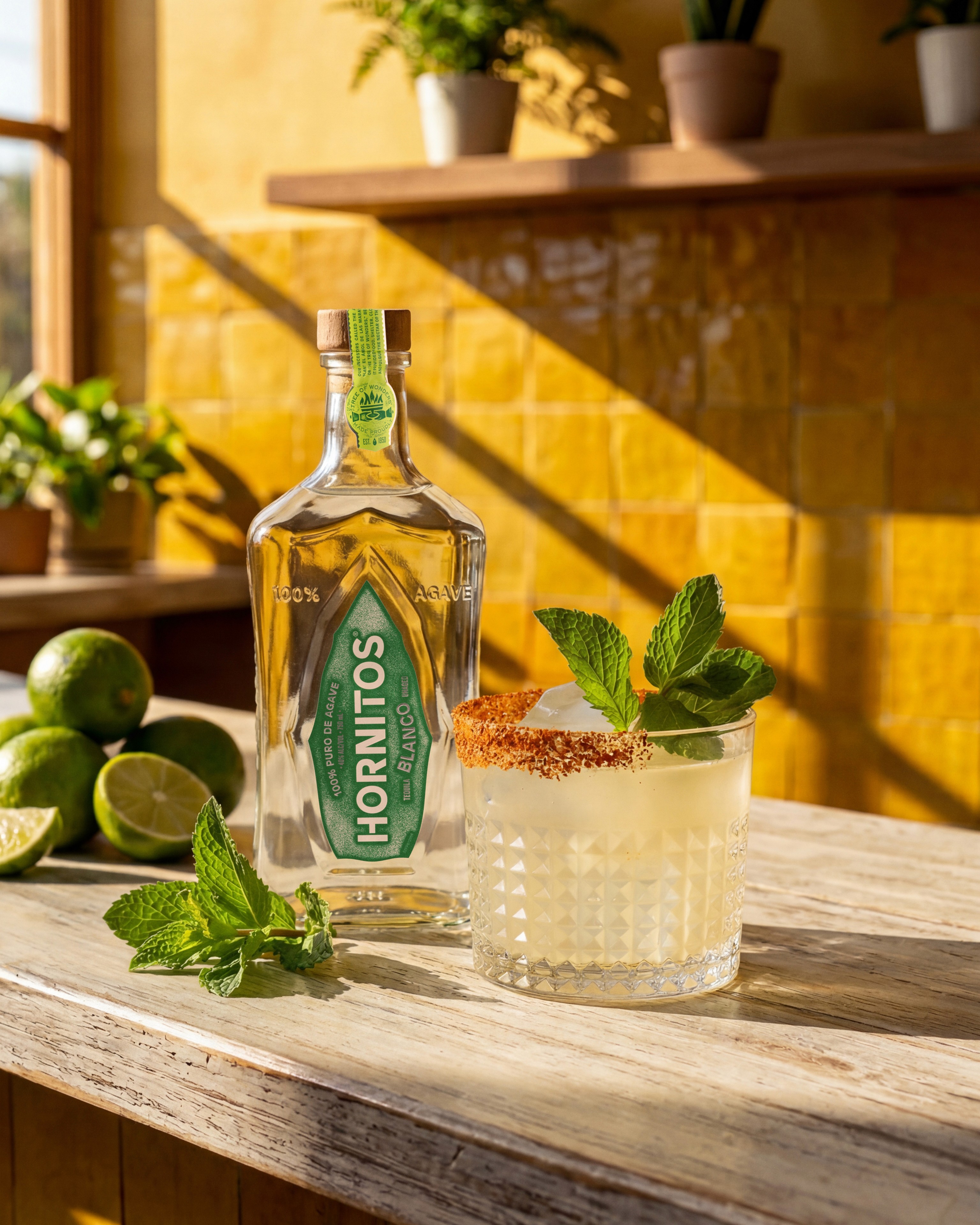 A bottle of Hornitos Blanco beside a Flaqui Margarita with limes and mint in a sunlit yellow room, shot for Hornitos Tequila.
