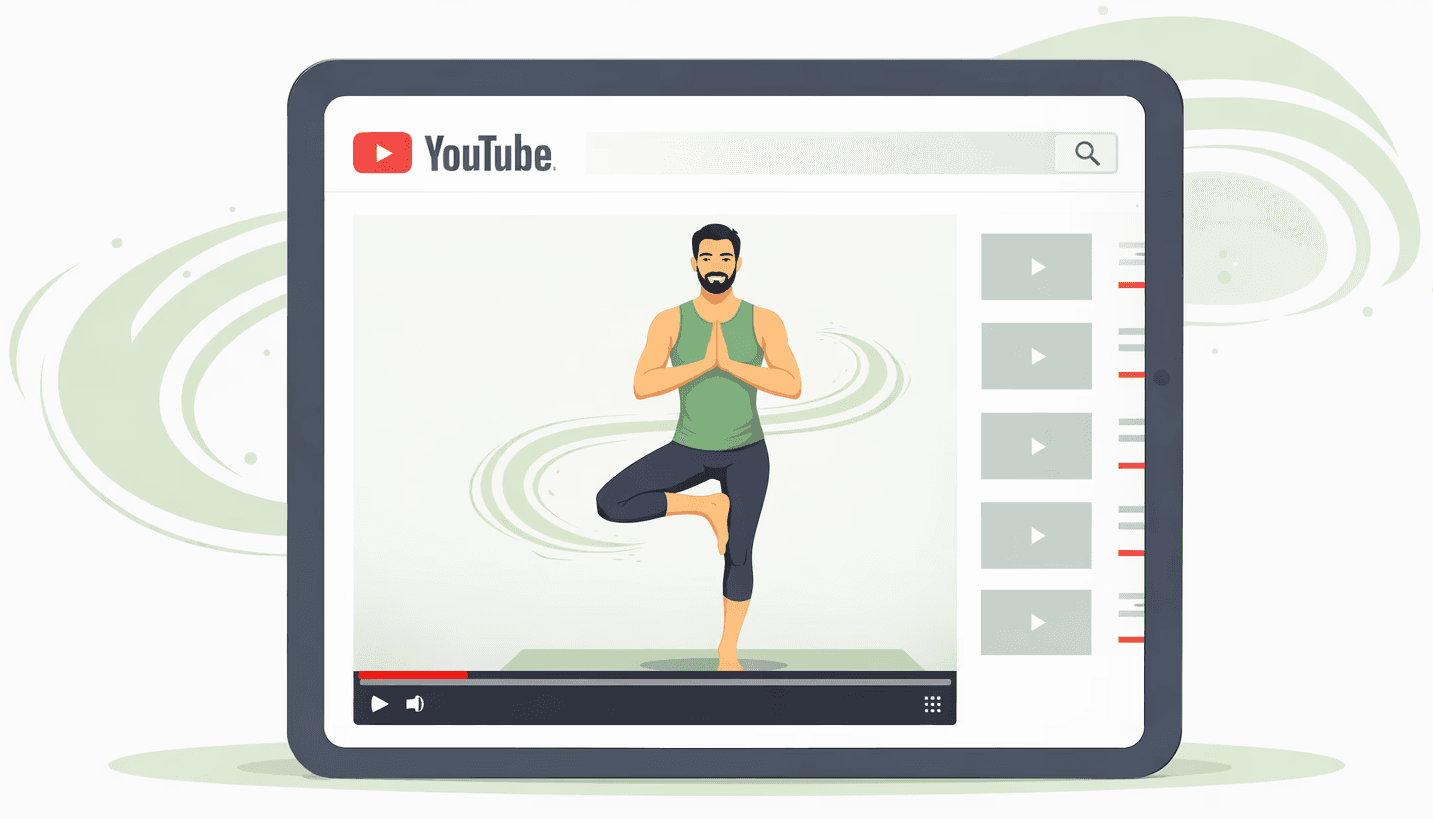 A tablet displaying a YouTube video of a person running, with a sidebar of suggested videos.