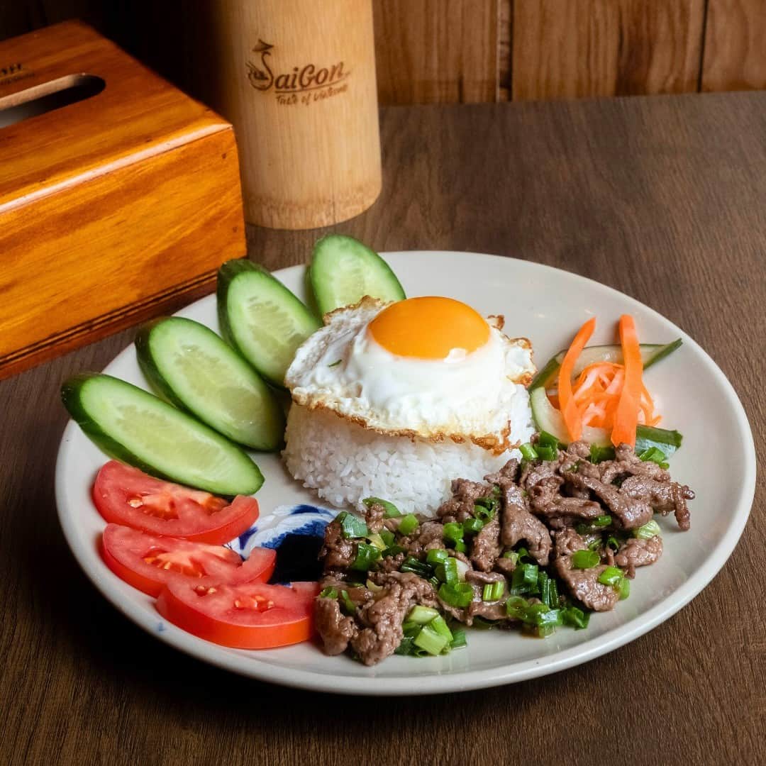 Saigon stir-fried beef with rice and sunny-side-up egg, a hearty dish at the best breakfast places in Dubai at Social Distrikt.