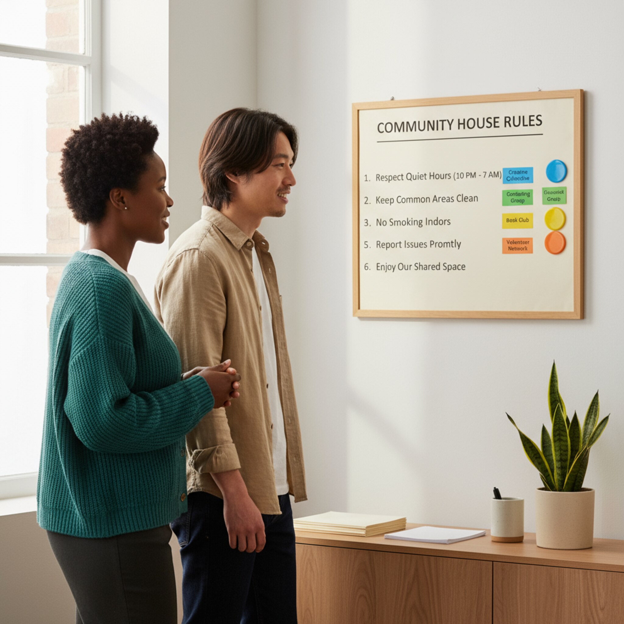 Ein schwarzes Brett zeigt Hausregeln und farbige Magnetkarten für Gruppen. Zwei Menschen lesen kurz, nicken und tauschen ein paar Worte. Das Tageslicht betont die aufgeräumte Atmosphäre. Ein Stapel sauberer Formulare liegt auf einem schmalen Sideboard bereit.
