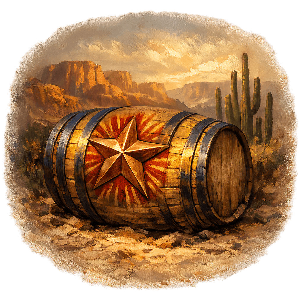Wine barrel featuring the Arizona national emblem for regional wine education.