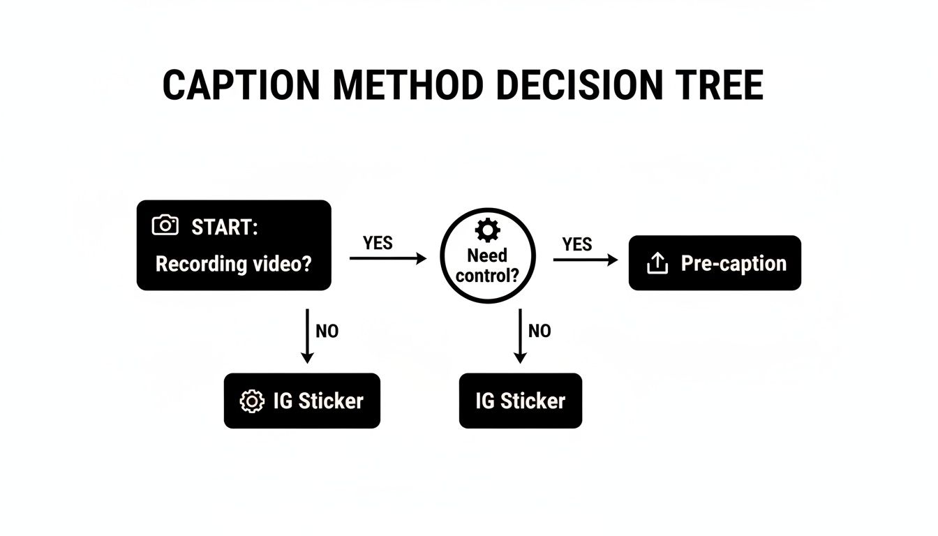 A decision tree flowchart illustrating methods for adding captions based on recording video and needing control.
