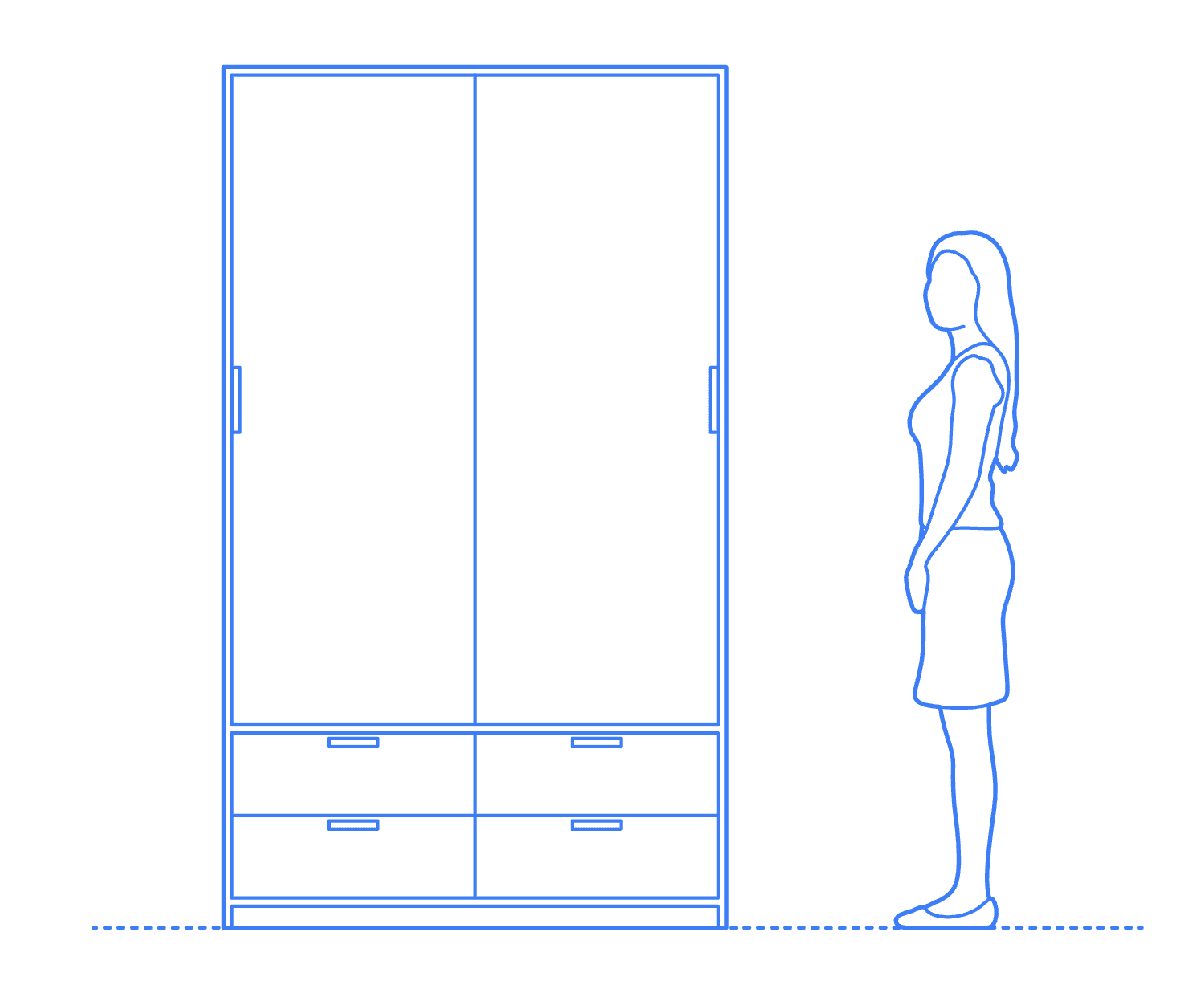 A modern walk-in closet featuring wooden shelving, glass doors, a mirror, and a cushioned ottoman.