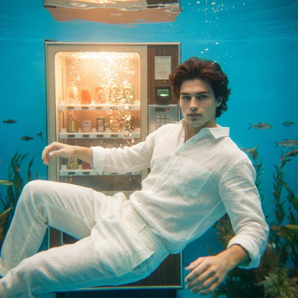 "Underwater macro shot of a young man wearing a loose white linen shirt and white linen trousers, standing in front of a glowing vending machine... bright and clear blue water background, a few small fish swimming gently in the distance... dreamy cinematic atmosphere, heavy film grain, chromatic aberration, vintage analog camera look."