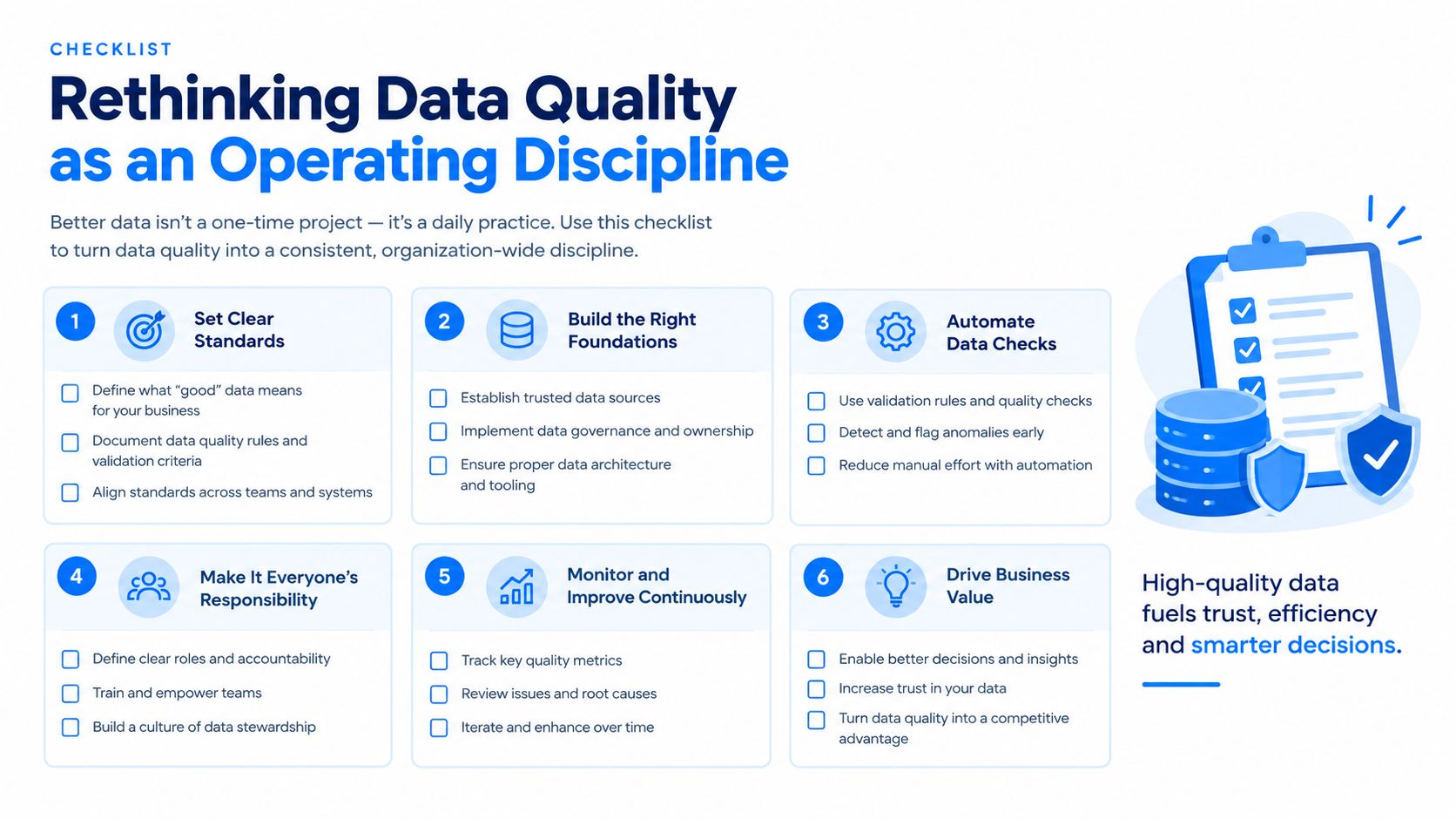 A checklist infographic titled Rethinking Data Quality as an Operating Discipline outlining six strategic steps for organizations.