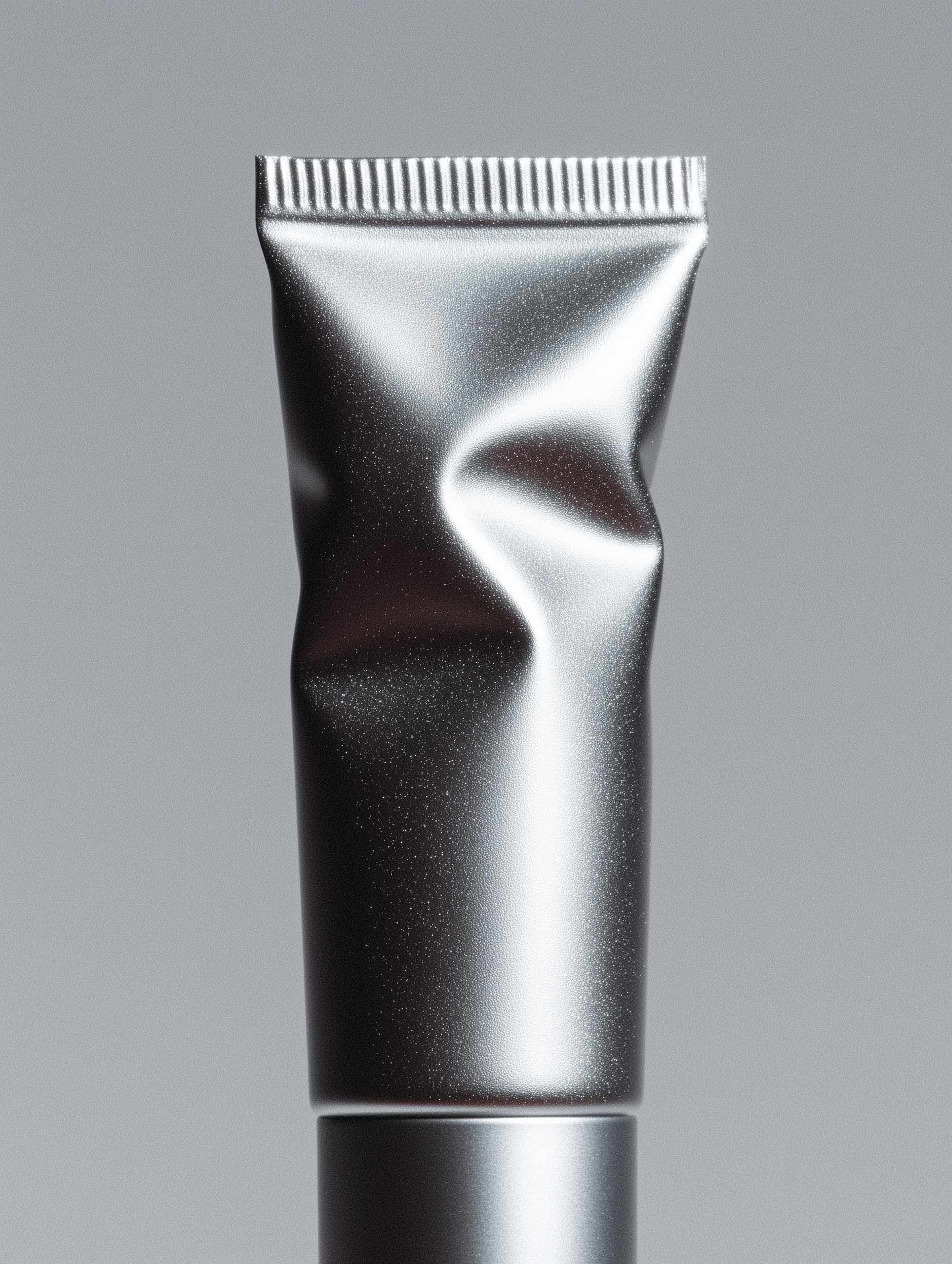 Metallic silver tube with ridged cap on gray background