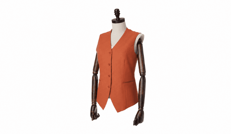 Plus size tomboy layered outfit featuring a rust orange tailored waistcoat vest with front pockets