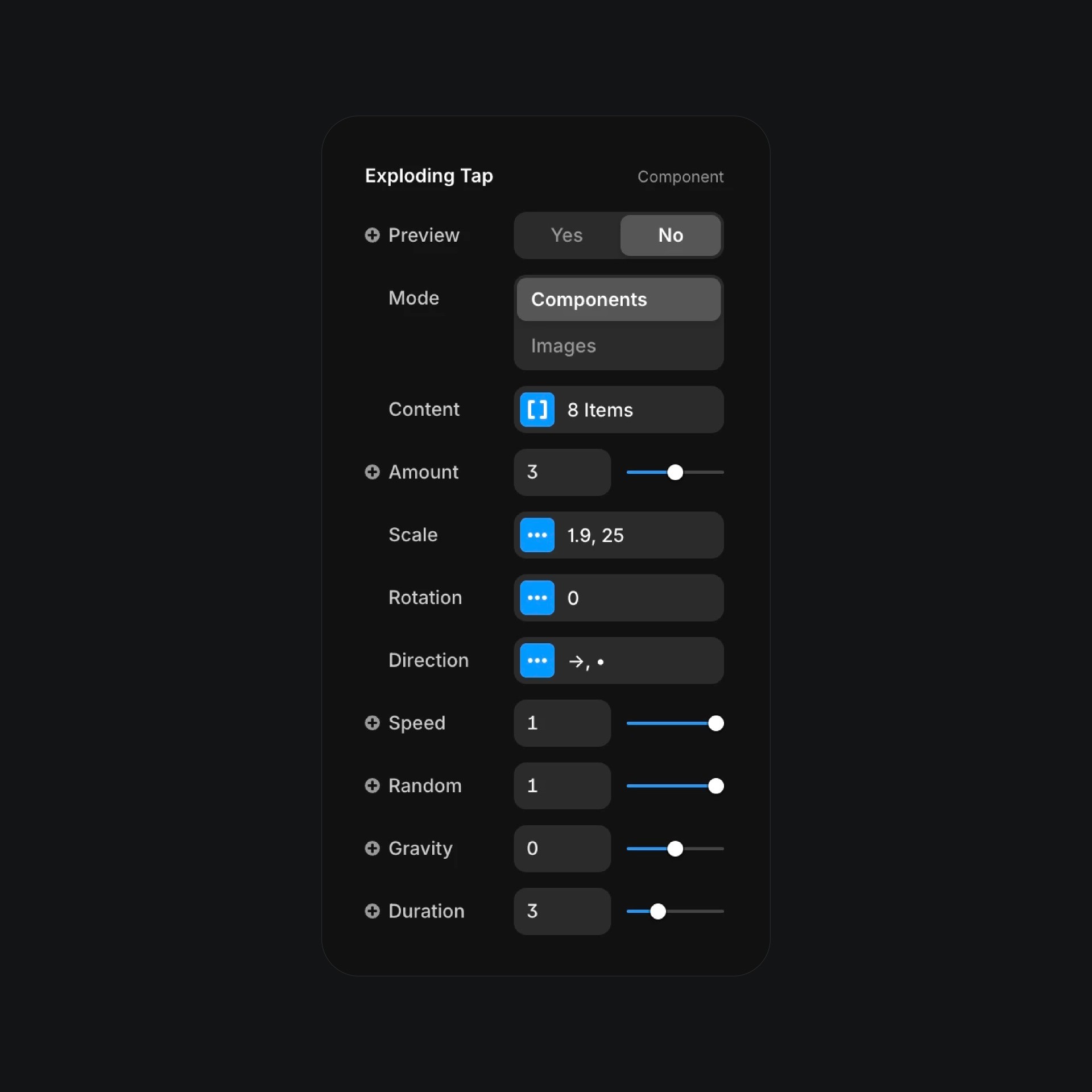 Exploding tap component settings panel in Framer