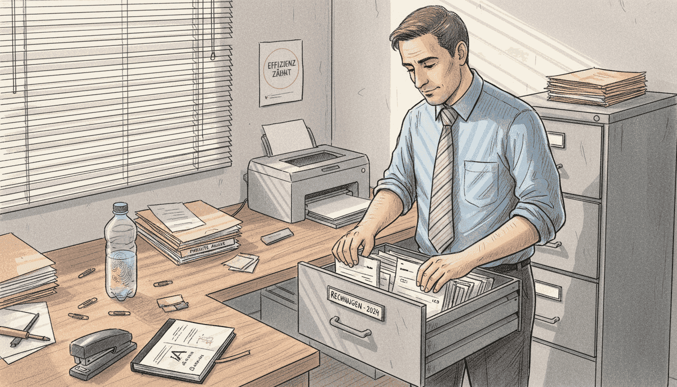 Ein Mitarbeiter sorgt im Büro dafür, dass die Dokumentenbearbeitung automatisiert abläuft.