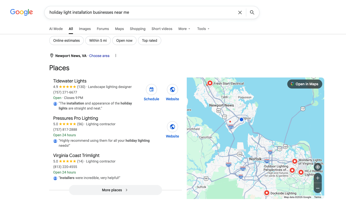 Google SERPs for "holiday light installation businesses near me"