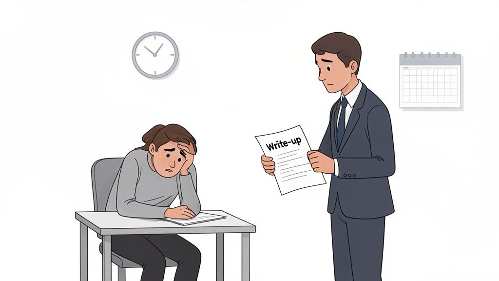 A manager gives a distressed employee a disciplinary write-up document at a desk.