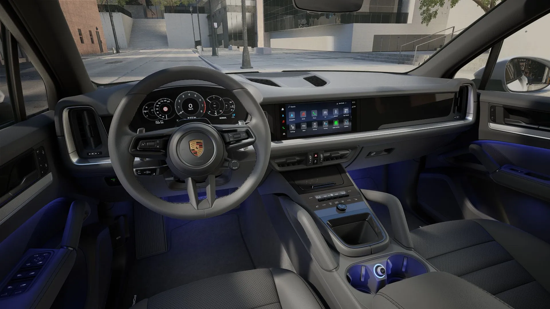 Luxury SUV interior with blue ambient lighting