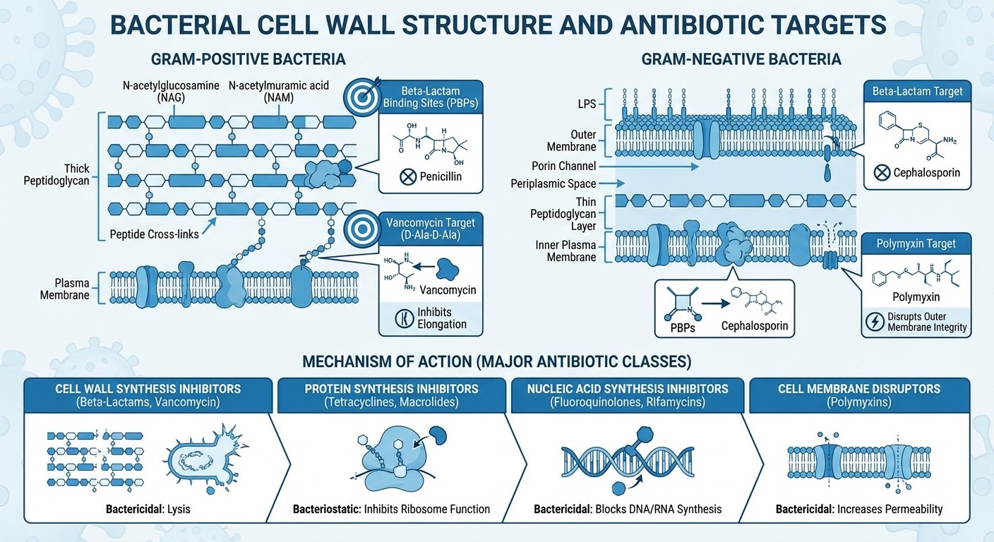 Bacterial cell wall antibiotic target sites and mechanisms diagram