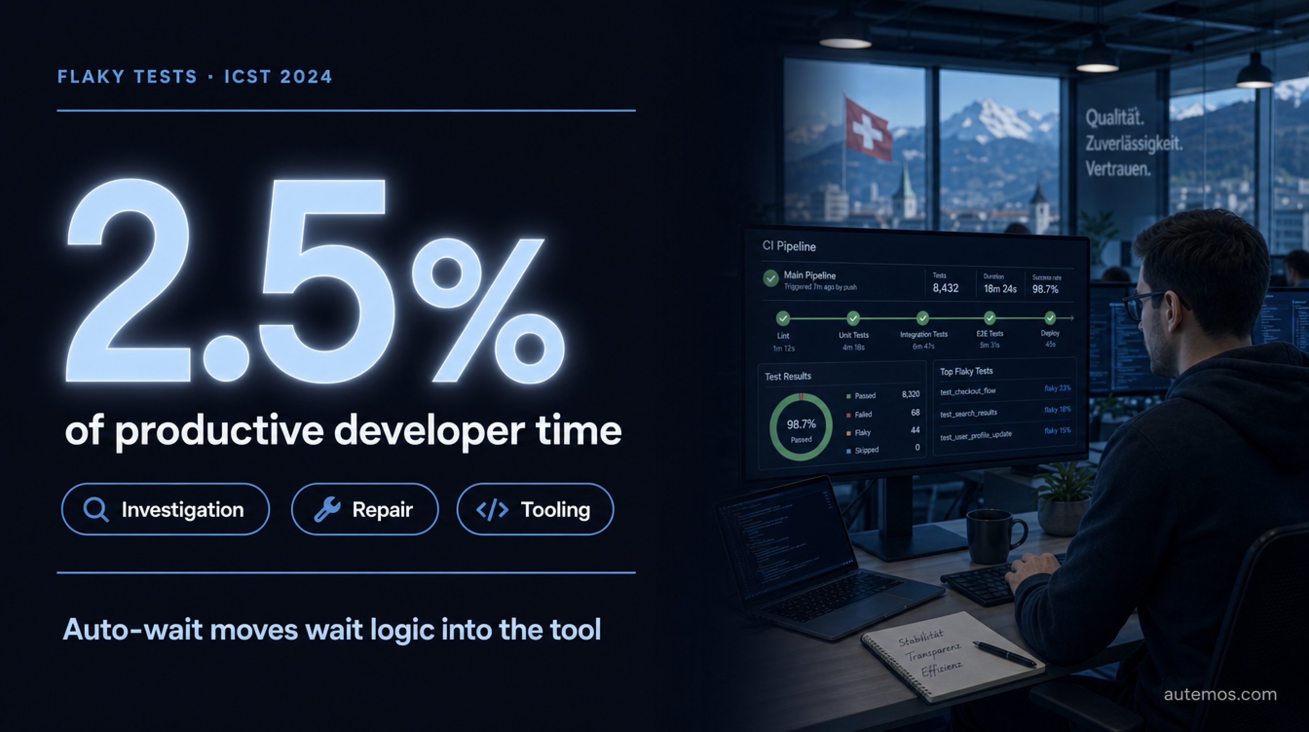 ICST 2024: flaky tests tie up at least around 2.5 percent of productive developer time across investigation, repair, and tooling.