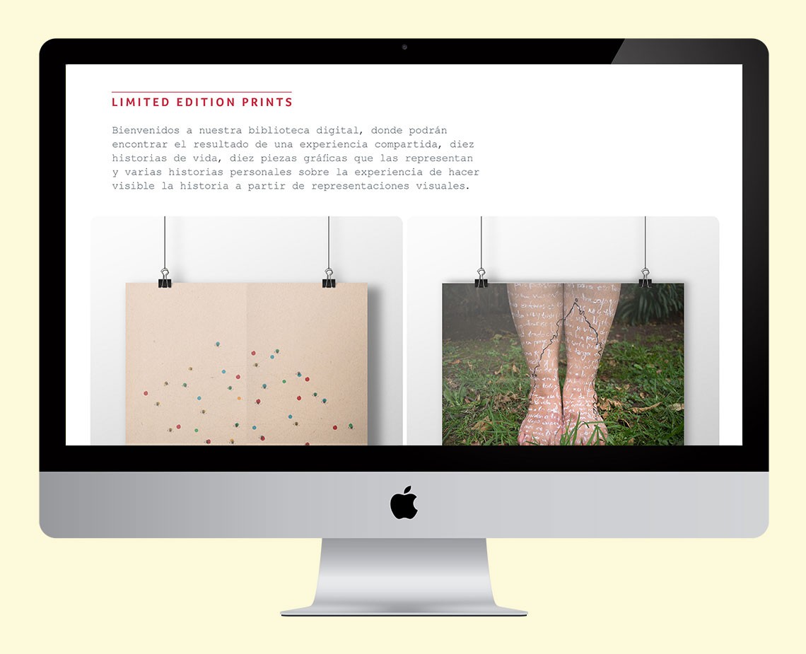 An Apple iMac computer displays a webpage titled “LIMITED EDITION PRINTS” with a white background and dark text. The text describes a digital book project that captures and represents personal histories through visual representations. Two images are shown: one of a beige sheet with multicolored dots and another of a person's legs with visible veins. The computer is positioned against a pale yellow background.