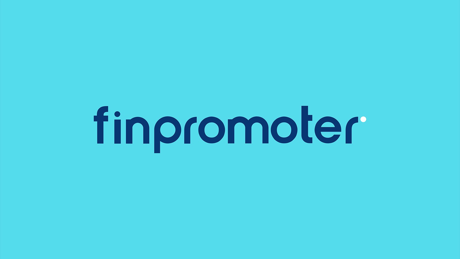 Dark blue Finpromoter logo with a small white dot at the end on top of light blue background 