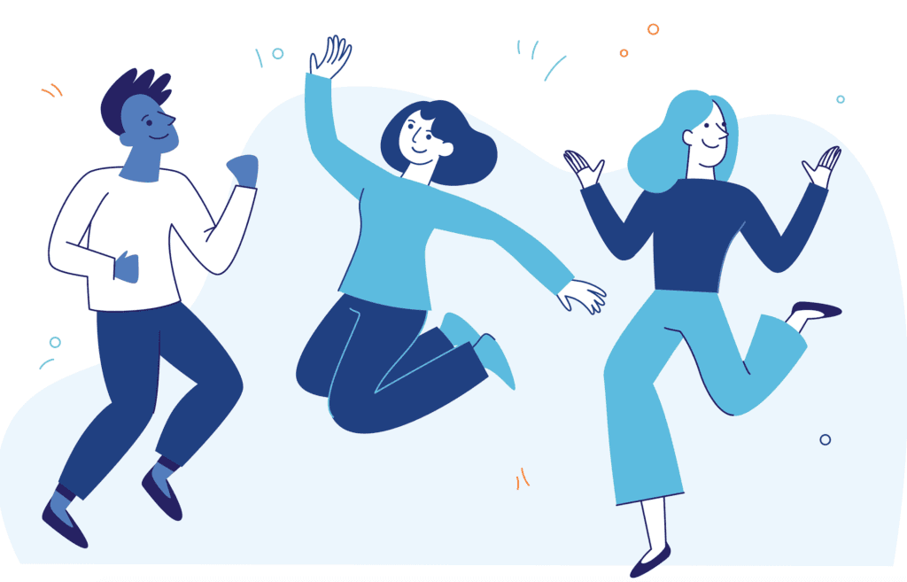 Three co-workers celebrating their awesome visual designs