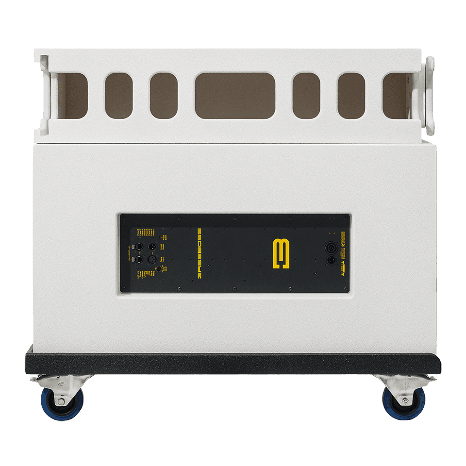 White speaker cabinet with black panel and logo