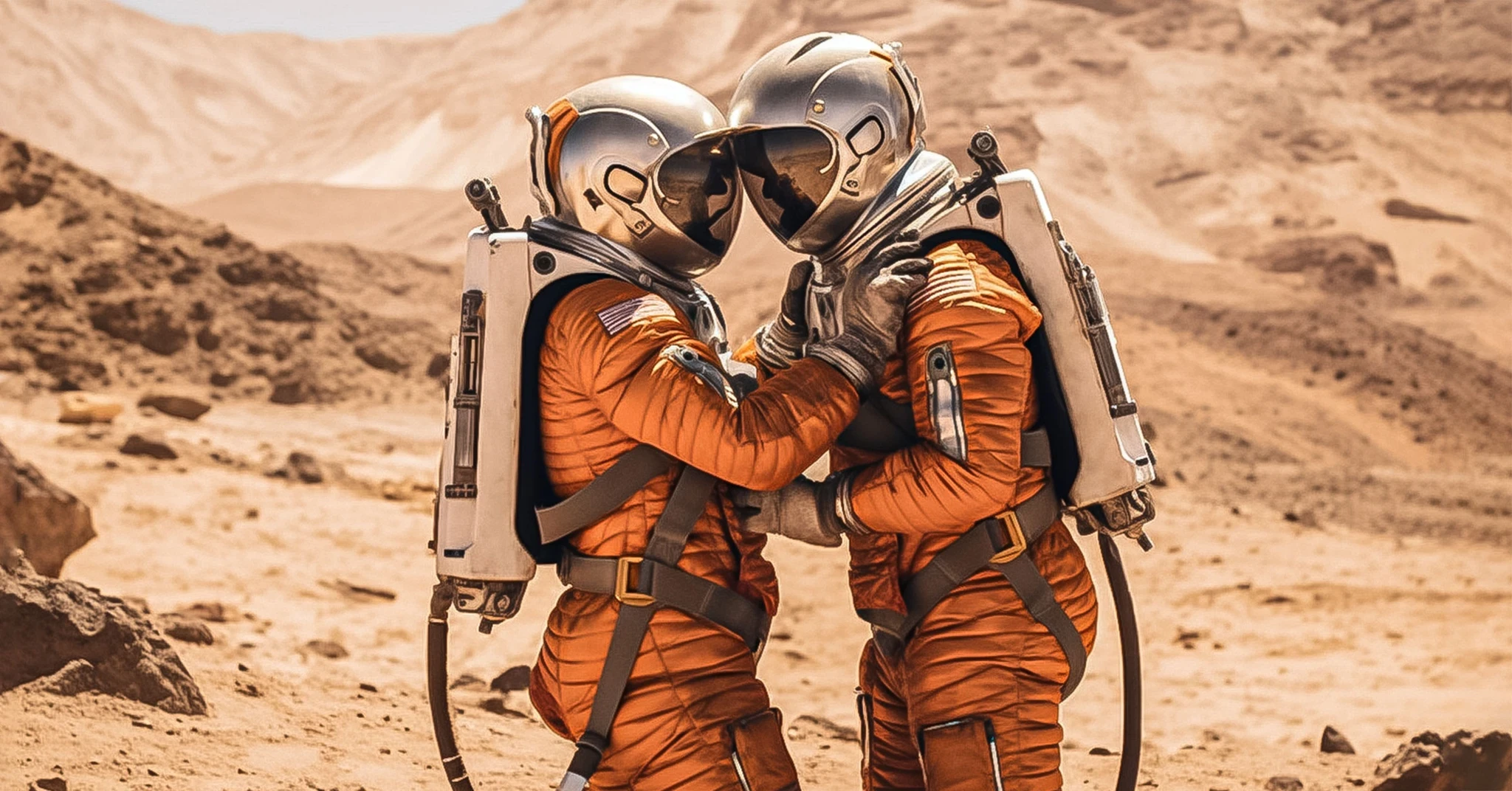 To astronauter i orange romdrakter og hjelmer står tett sammen i en kjærlig gest, på en øde, Mars-lignende overflate.
