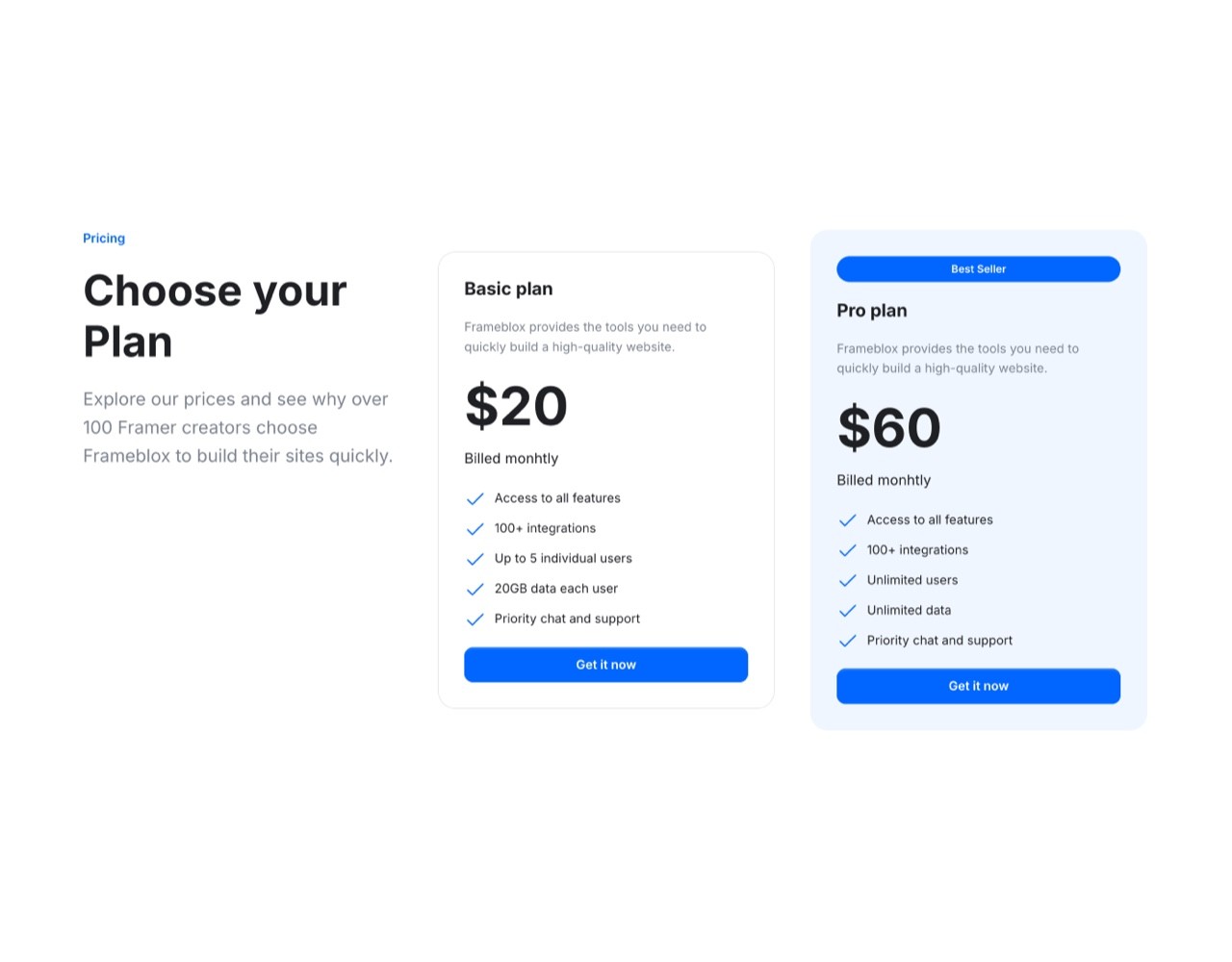 Framer Pricing Section - Frameblox UI