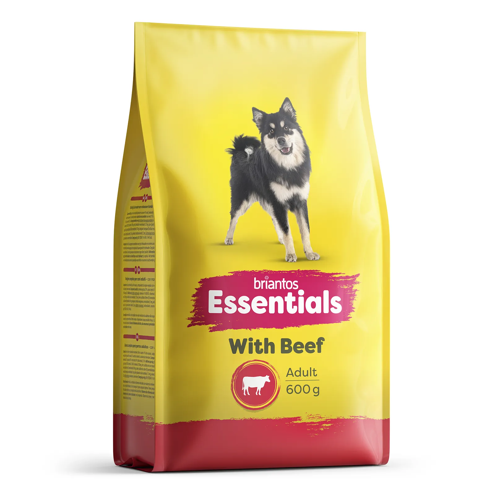 Photorealistic product shot of Briantos Essentials dog food pouch with beef