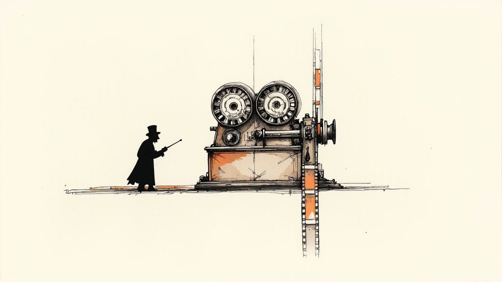 A vintage-style illustration showing an old film camera and reels of film, evoking the early days of cinema.