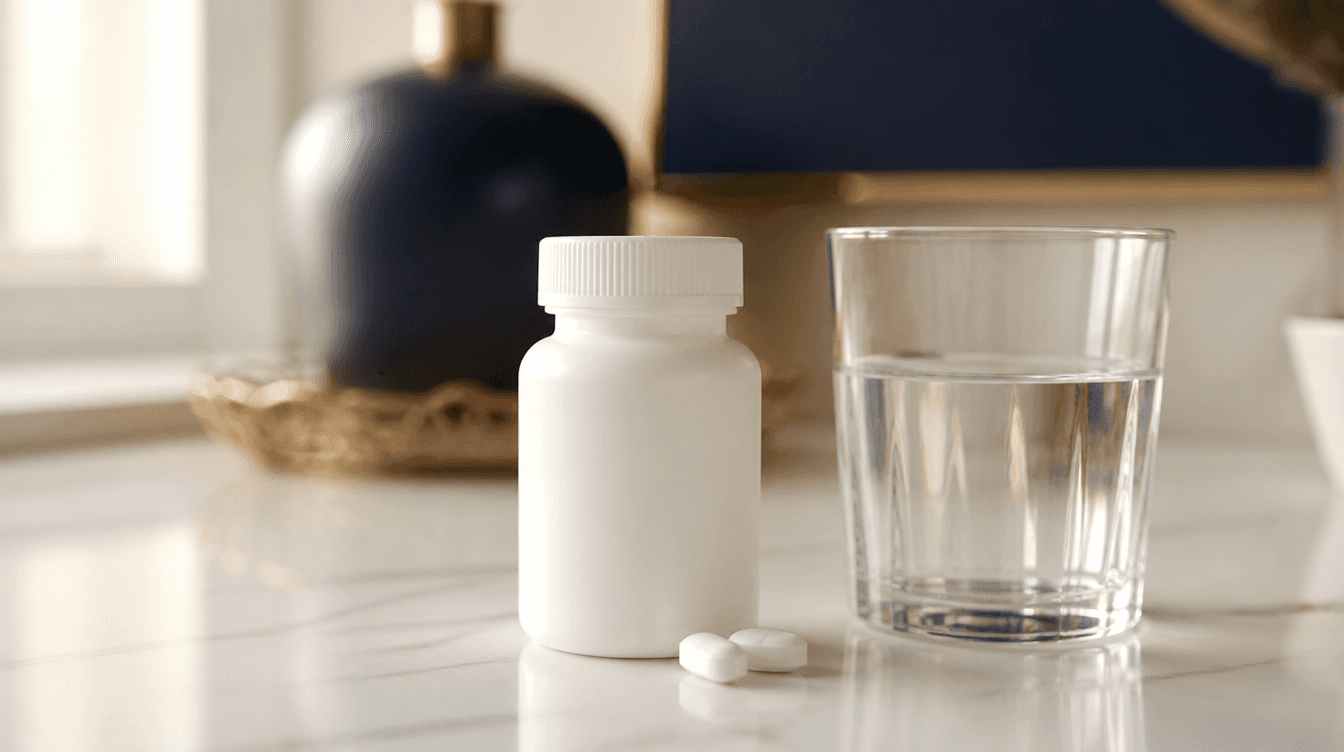 A bottle of ibuprofen and a glass of water on a kitchen counter, used for the 3-3-3 dental pain rule
