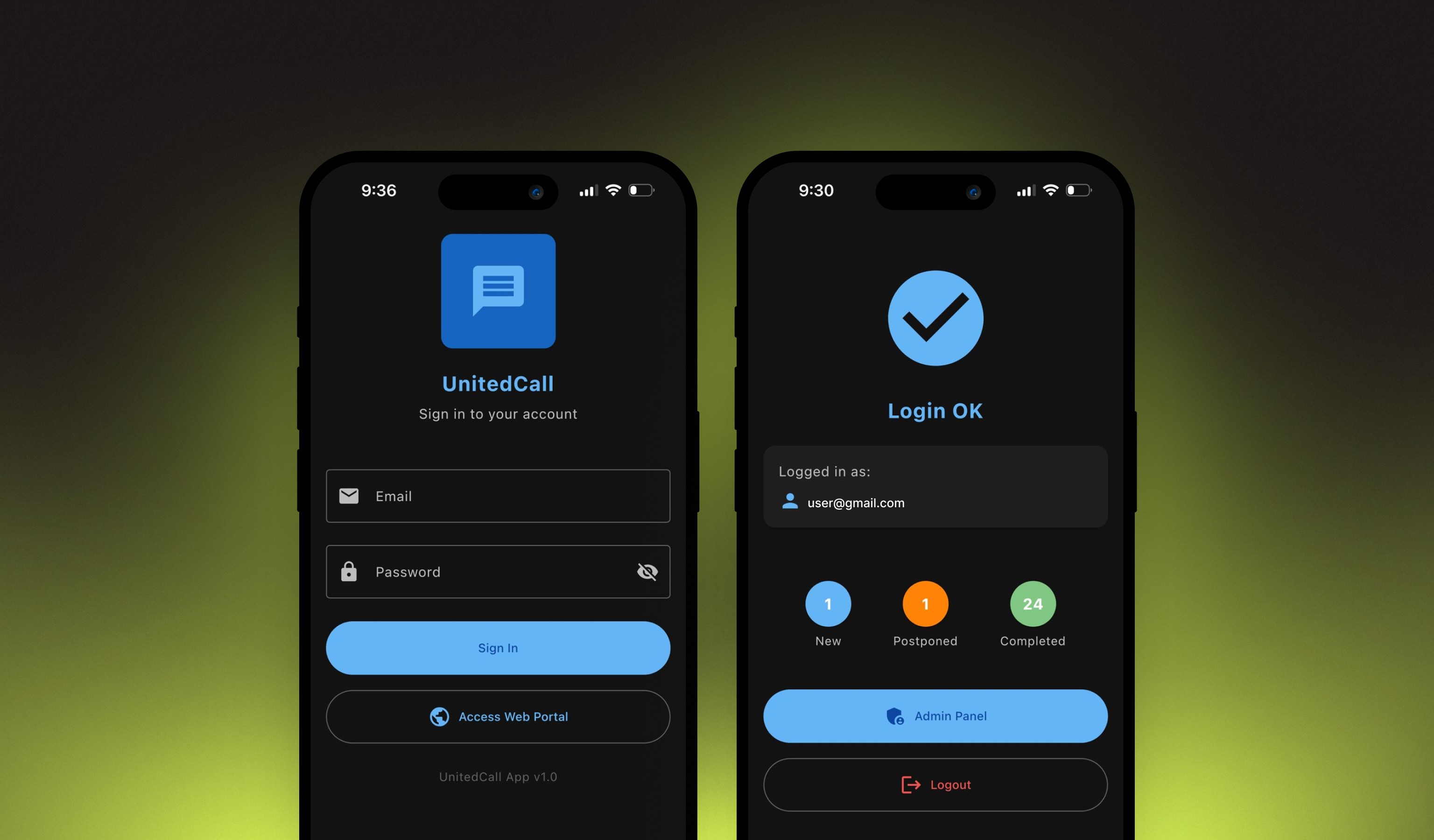 United Call App Anmelde- und Registrierungsbildschirm