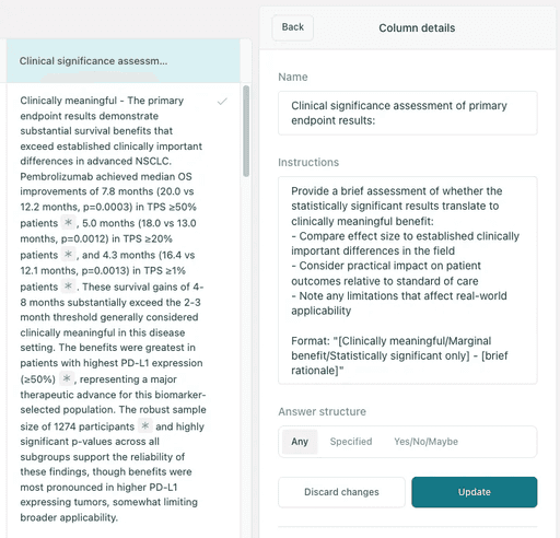 Elicit's data extraction table for trial outcomes and clinical insights