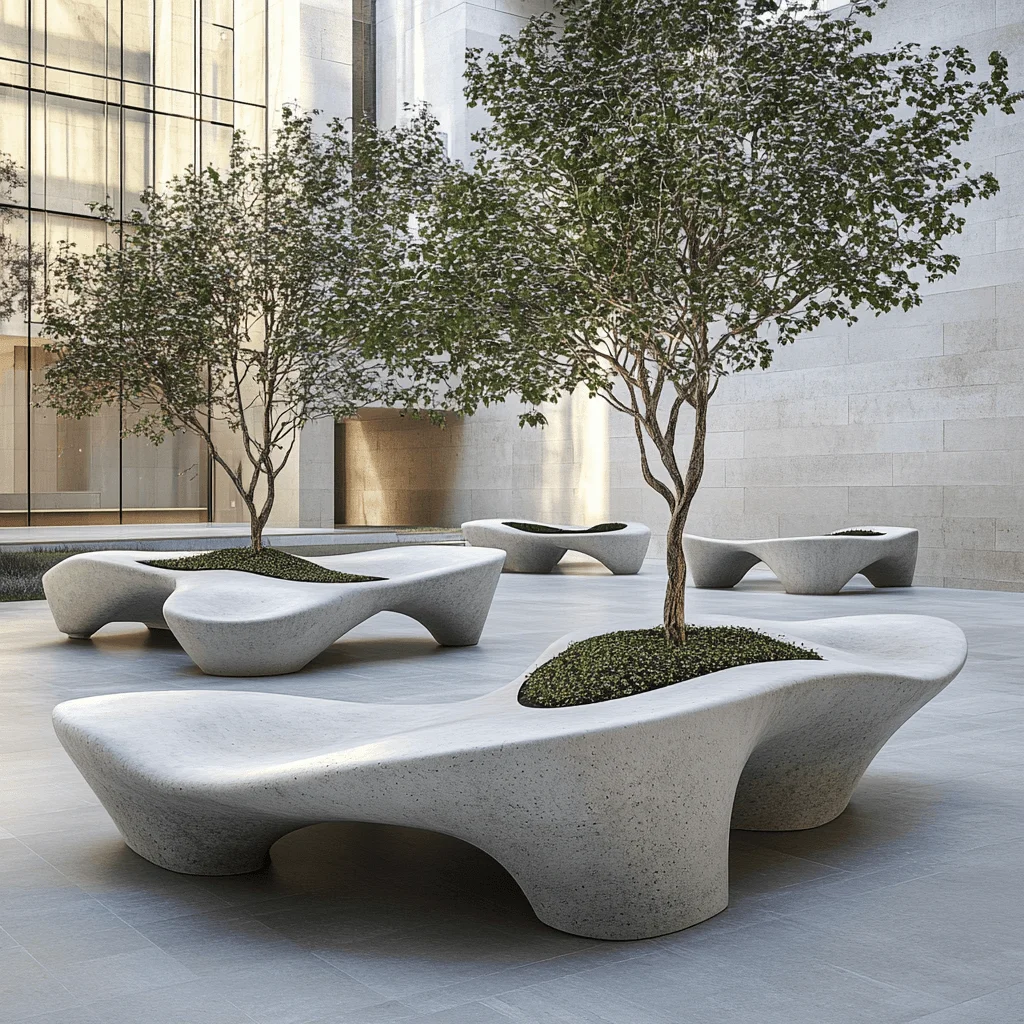 The white sculptural benches wind across a plaza beside a glass building facade, with two trees planted within their curves