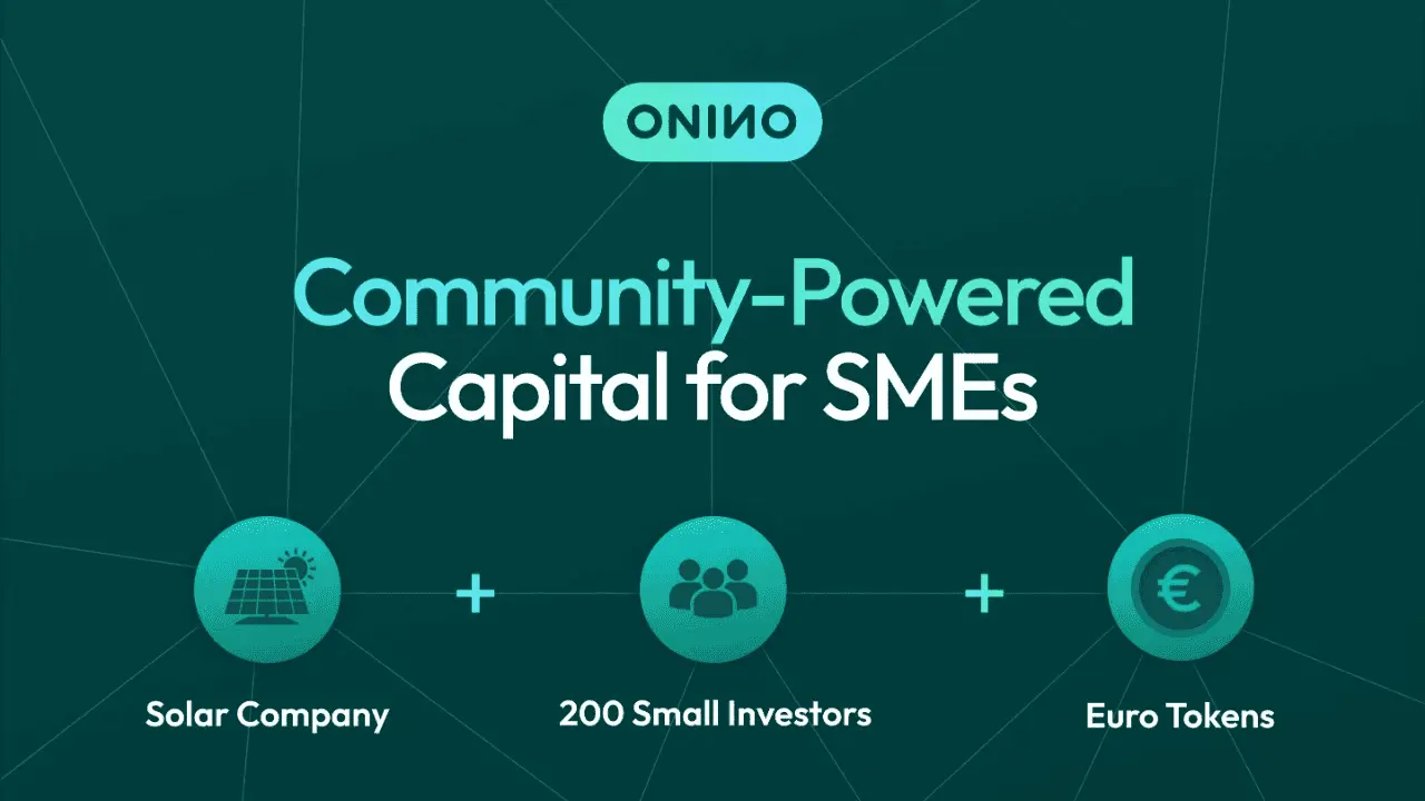 Infographic showing a solar company plus 200 small investors plus euro tokens as a model for community-powered capital for SMEs — ONINO